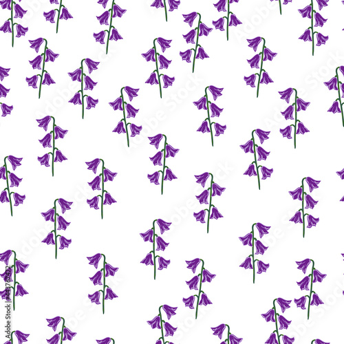 Summer style isolated seamless pattern with purple bell flowers shapes print. White background. Simple style.