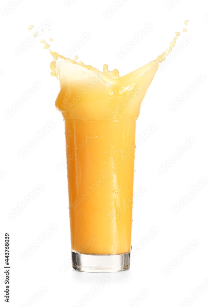Glass of fresh orange juice with splash on white background