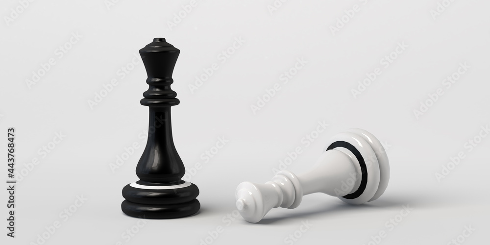 Black chess queen wins white. Isolated on white. Banner. 3d illustration. Black chess queen wins white. Isolated on white. Banner. 3d illustration.