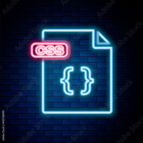 Glowing neon line CSS file document. Download css button icon isolated on brick wall background. CSS file symbol. Colorful outline concept. Vector