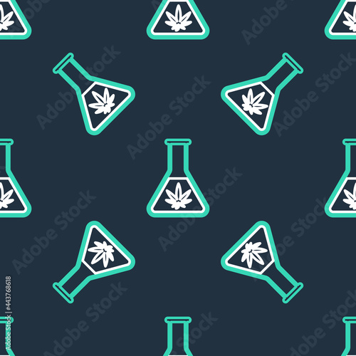 Line Chemical test tube with marijuana or cannabis leaf icon isolated seamless pattern on black background. Research concept. Laboratory CBD oil concept. Vector