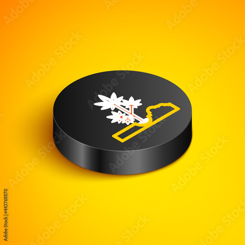 Isometric line Planting marijuana or cannabis plant in the ground icon isolated on yellow background. Marijuana growing concept. Hemp symbol. Black circle button. Vector