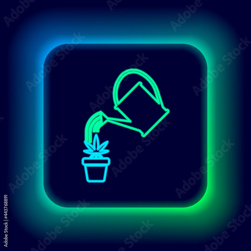 Glowing neon line Watering can sprays water drops above marijuana or cannabis plant in pot icon isolated on black background. Marijuana growing concept. Colorful outline concept. Vector