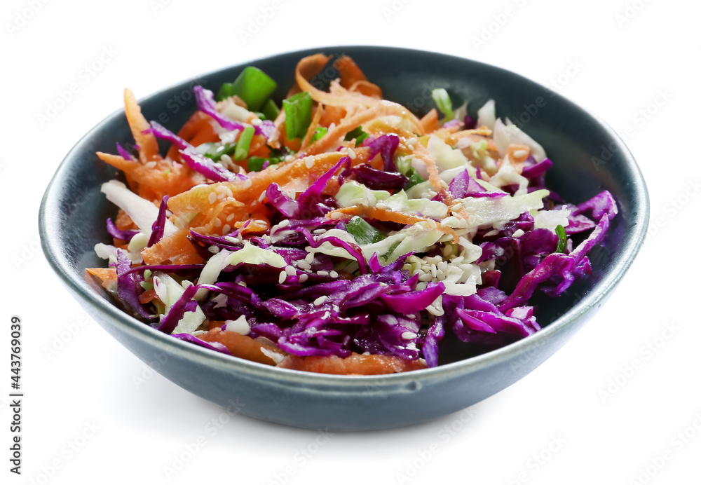 Plate with tasty cabbage salad on white background Plate with tasty cabbage salad on white background