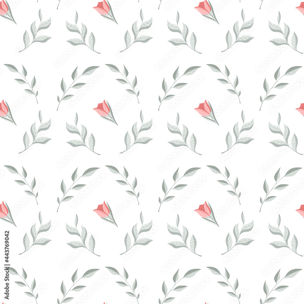 Obraz premium Vector illustration, seamless pattern with leaves, twigs, flowers in green, red on a white background
