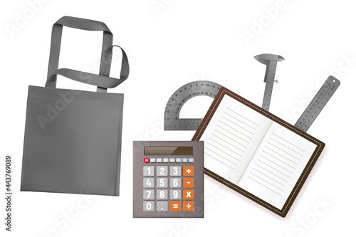 Realistic gray eco bag, calculator, ruler, notepad vector illustration.