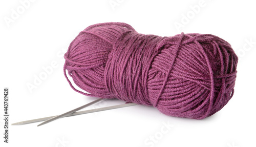 Knitting yarn and needles on white background