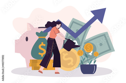 Business woman watering money tree. Female employee investing and saving cash. Money deposit. Man save or hoard currency. Concept of investment