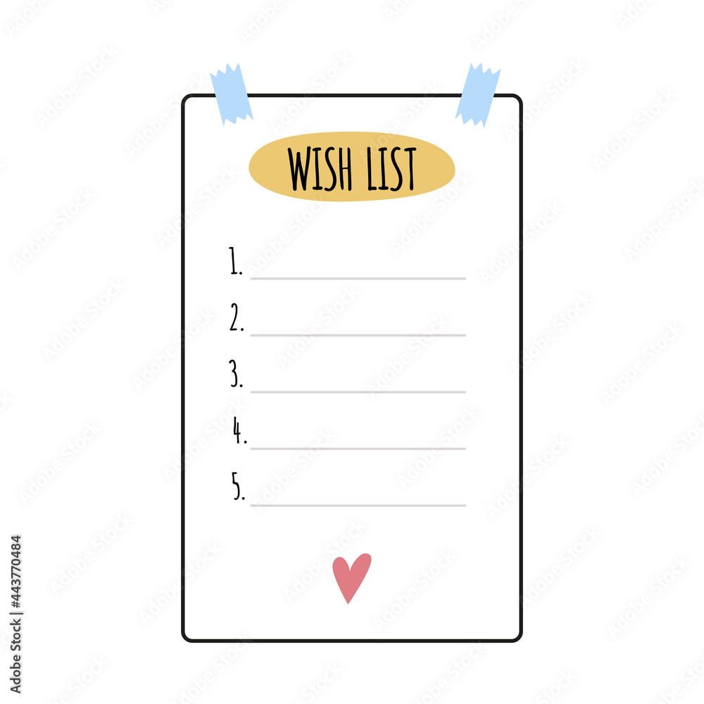 Wish list elements for bullet journal. Page template with numbers