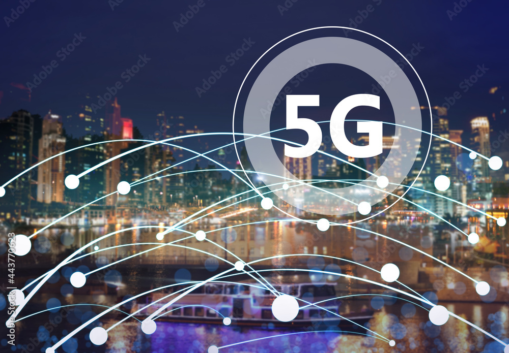 Fototapeta premium 5G network wireless system. Beautiful cityscape and network connection lines