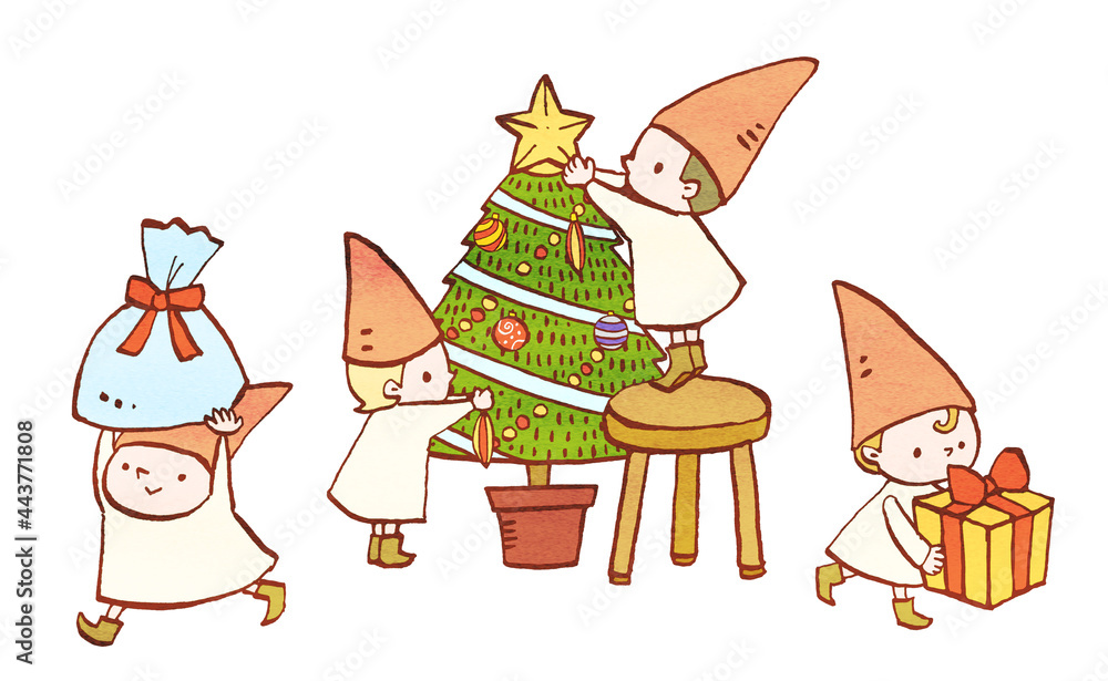 Obraz premium クリスマスの準備をする小人のイラスト