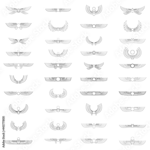 vector monochrome icon set with ancient egyptian symbol Winged sun for your project