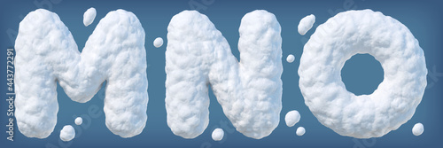 Snowy alphabet with letters M, N, O. Lettes made of snow. Winter font on blue background. Vector illustration