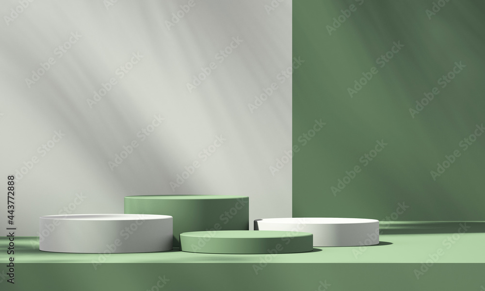 3D green product podium display with green and white background and tree shadow,summer product mockup background,3D render illustration 3D green product podium display with green and white background and tree shadow,summer product mockup background,3D render illustration