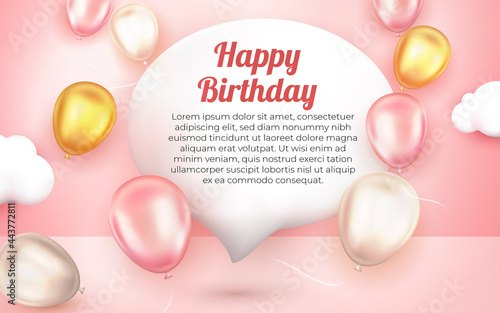 realistic happy birthday greeting card with 3d gold pink and white ballon