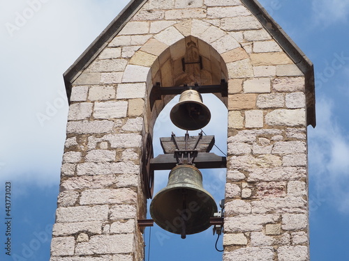 campanario con dos campanas de bronce, santuario convento de la sierra de montblanch, tarragona, españa, europa