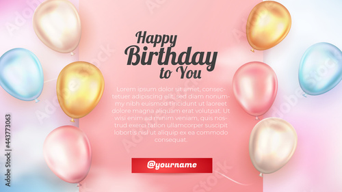 realistic happy birthday greeting card with 3d gold pink and white ballon colorfull sky background