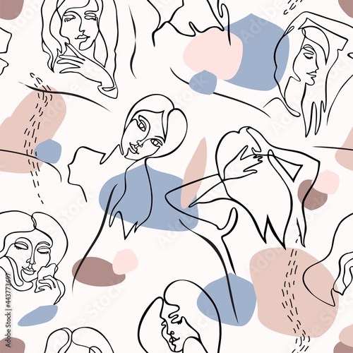 Abstract drawing of women s faces. Seamless pattern. The Woman s Face continuous Line art. Abstract Contemporary collage of geometric shapes in a trendy style. Portrait of a female seamless background
