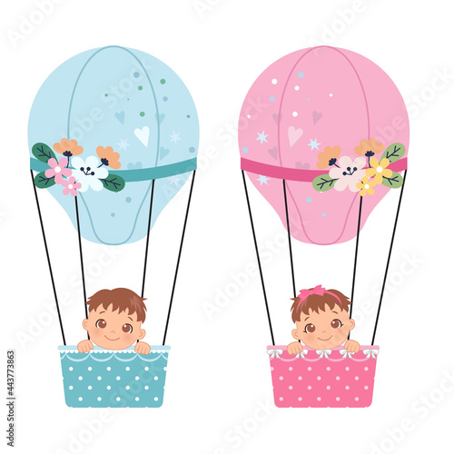 Baby boy or girl gender reveal clip art. Cute baby in hot air balloon. Flat vector cartoon design