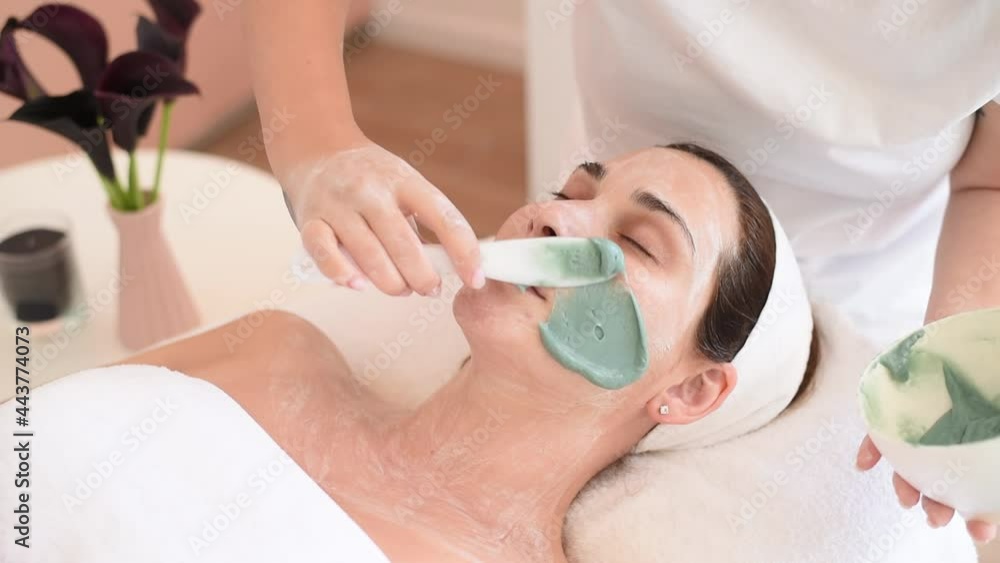 Cleaning and moisturise nourish skin of face. Cosmetologist put grey mask on face by stick. Beautiful woman receiving nutritious facial peeling. Treatment skin care in cosmetology beauty spa salon. Cleaning and moisturise nourish skin of face. Cosmetologist put grey mask on face by stick. Beautiful woman receiving nutritious facial peeling. Treatment skin care in cosmetology beauty spa salon.