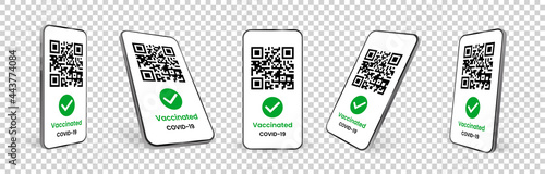 Set of realistic mobile phones with covid 19 vaccination certificates. App. Template for tourist electronic passports without coronavirus. Transparent background. Mockup. Isolated 3d vector