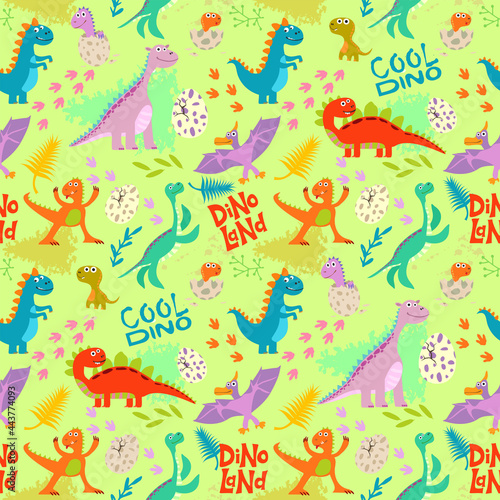 Cute colored dinosaurus seamless pattern vector design. Illustration of seamless background dino, animal dinosaur character. Sketch reptiles. Wrapping paper, textile, baby clothes, background fill.
