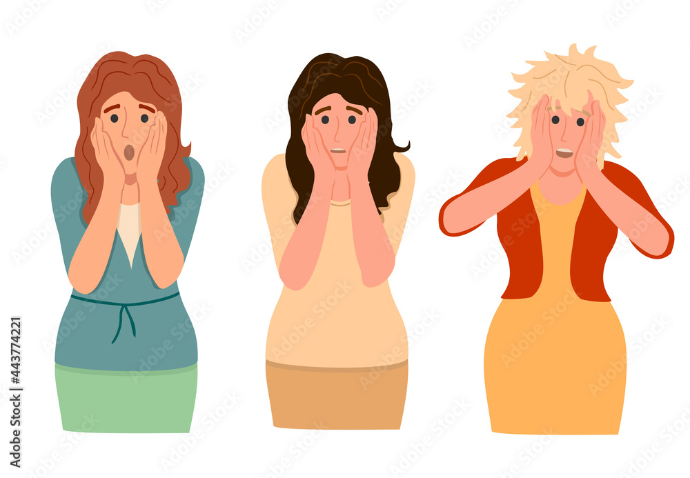 Set of amazed, surprised young women. Three women with open mouths and excited reactions. Flat vector cartoon illustration isolated on white background Set of amazed, surprised young women. Three women with open mouths and excited reactions. Flat vector cartoon illustration isolated on white background