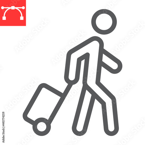 Person pulling luggage line icon, migration and tourist, passenger with rolling bag vector icon, vector graphics, editable stroke outline sign, eps 10.