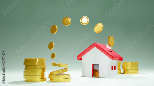 Stacked piles of coins floated into a house-shaped piggy bank. creative concept Investing in land and housing businesses has a lucrative goal and success in real estate trading 3d rendering.