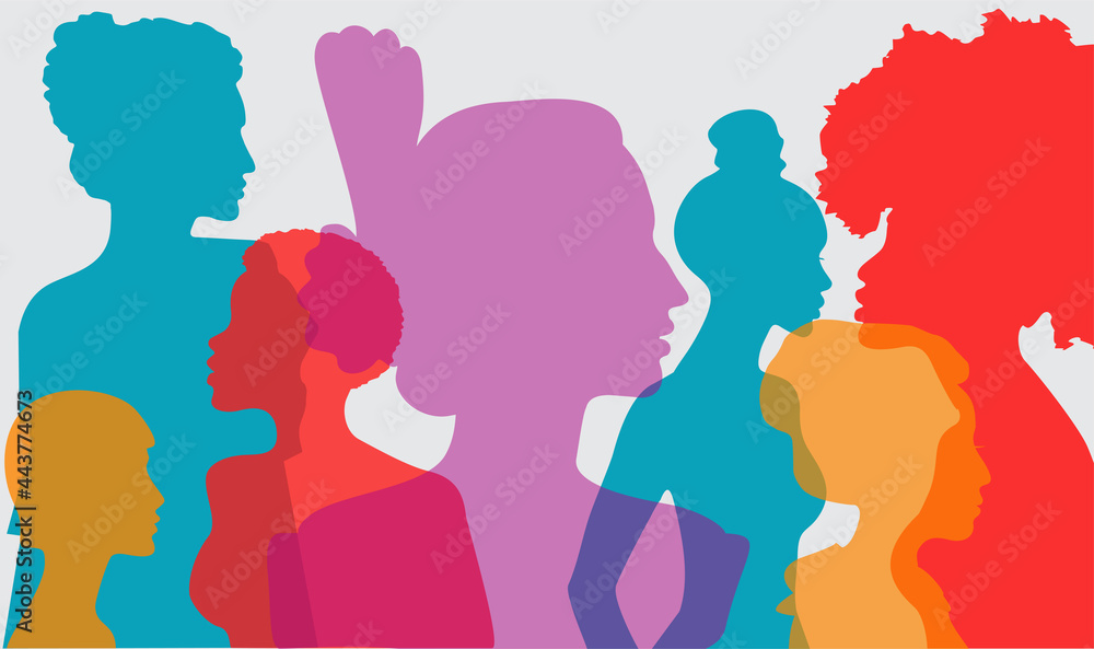 Silhouette profile group of women of diverse culture. Diversity multi-ethnic and multiracial people. Racial equality, anti-racism. Multicultural society. The concept of women, femininity, diversity.