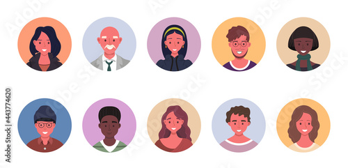 People avatar bundle set. User portraits in circles. Different human face icons. Male and female characters. Smiling men and women characters. Flat cartoon style vector illustration
