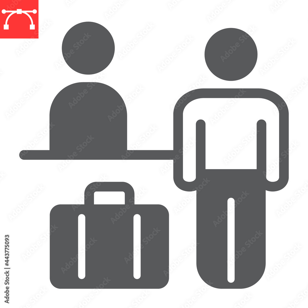 Airport check in glyph icon, person with luggage at registration desk, Airport reception vector icon, vector graphics, editable stroke solid sign, eps 10. Airport check in glyph icon, person with luggage at registration desk, Airport reception vector icon, vector graphics, editable stroke solid sign, eps 10.