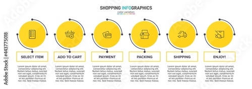 Concept of shopping process with 6 successive steps. Six colorful graphic elements. Timeline design for brochure, presentation, web site. Infographic design layout.