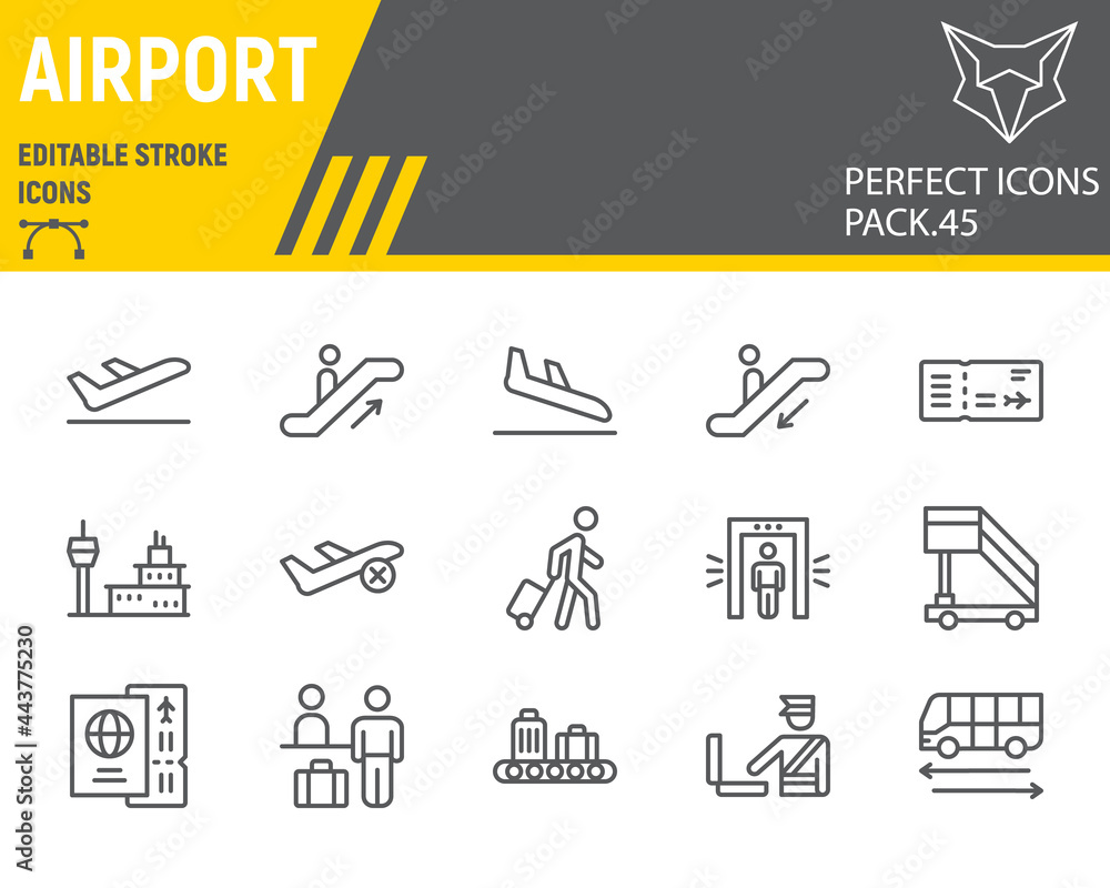 Airport line icon set, travel collection, vector graphics, logo illustrations, airport vector icons, terminal signs, outline pictograms, editable stroke. Airport line icon set, travel collection, vector graphics, logo illustrations, airport vector icons, terminal signs, outline pictograms, editable stroke.
