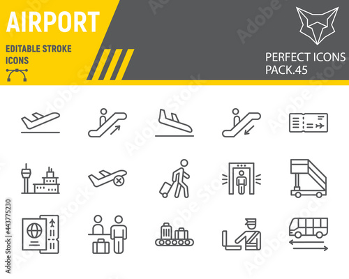 Airport line icon set, travel collection, vector graphics, logo illustrations, airport vector icons, terminal signs, outline pictograms, editable stroke.