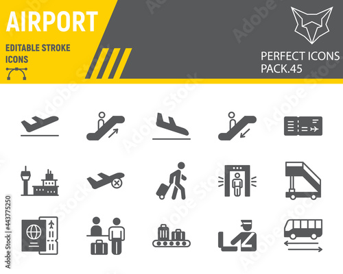 Airport glyph icon set, travel collection, vector graphics, logo illustrations, airport vector icons, terminal signs, solid pictograms, editable stroke.