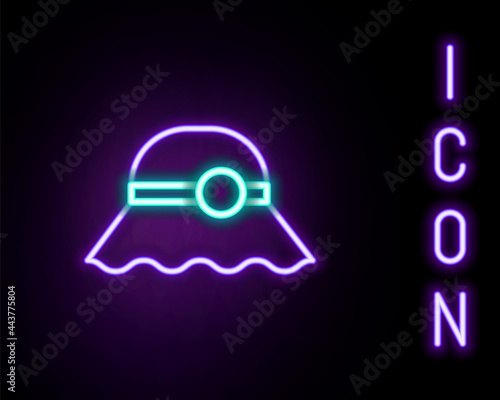 Glowing neon line Elegant women hat icon isolated on black background. Colorful outline concept. Vector