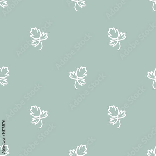 Seamless ornament with white parsley twig  shoot  sprig on powder blue background.