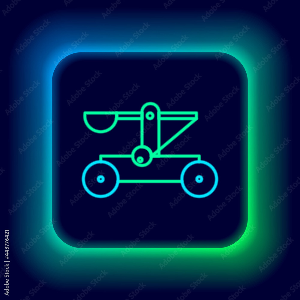 Glowing neon line Old medieval wooden catapult shooting stones icon isolated on black background. Colorful outline concept. Vector Glowing neon line Old medieval wooden catapult shooting stones icon isolated on black background. Colorful outline concept. Vector