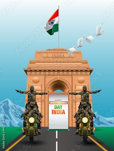 soldiers ride with india independence day banner. 15 august happy independence day. vector illustration design