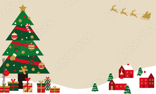 クリスマスのツリーと街並みとサンタのベクターイラスト(コピースペース,バックグラウンド,背景,フレーム) © Honyojima