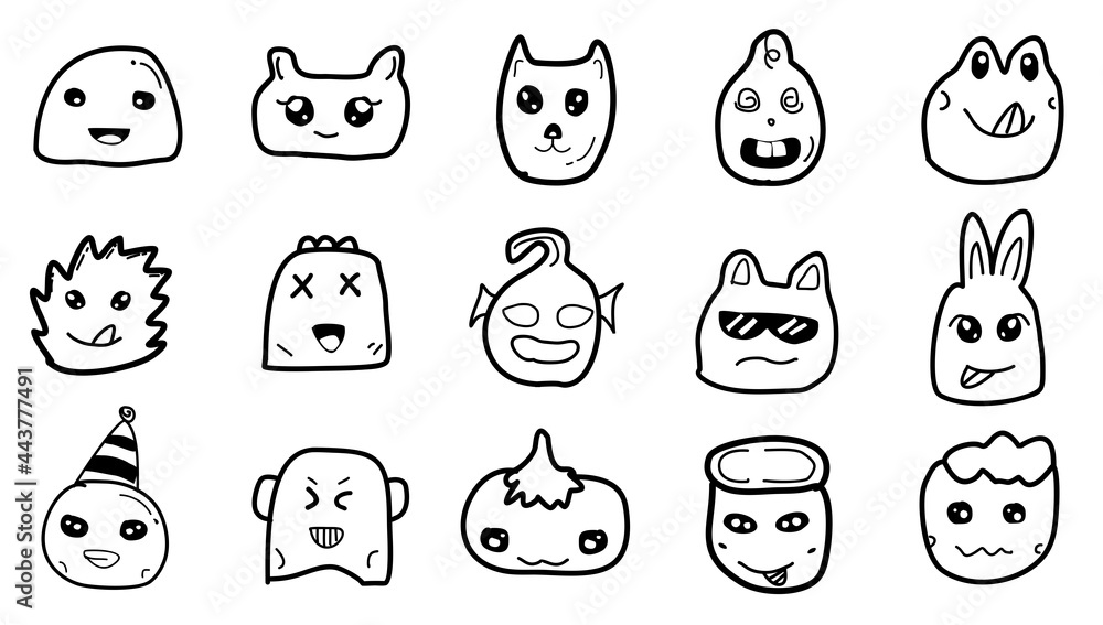 Hand drawn cute character cartoon, sketch doodles in black and white design. vector 