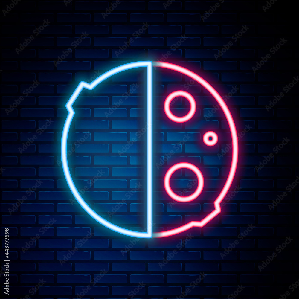 Glowing neon line Eclipse of the sun icon isolated on brick wall background. Total sonar eclipse. Colorful outline concept. Vector Glowing neon line Eclipse of the sun icon isolated on brick wall background. Total sonar eclipse. Colorful outline concept. Vector