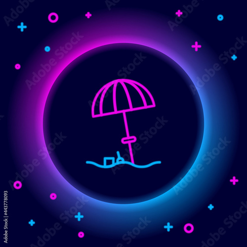 Glowing neon line Sun protective umbrella for beach icon isolated on black background. Large parasol for outdoor space. Beach umbrella. Colorful outline concept. Vector