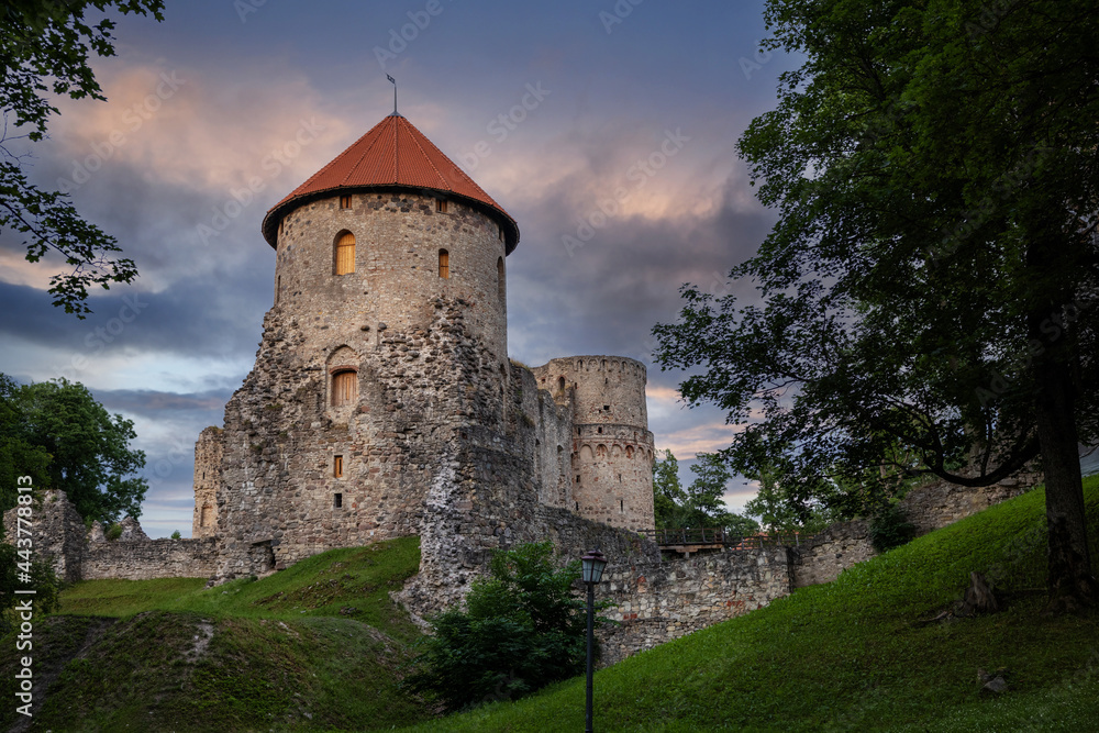 Cesis medieval castle at sunset. Latvia