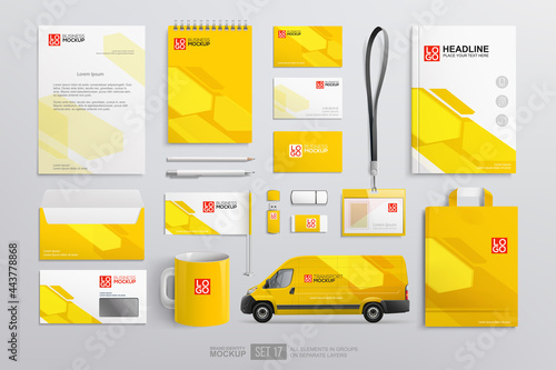 Business corporate brand Identity yellow and white abstract geometric design on stationery mockup set. Graphics on guide, annual report, corporate van, brochure. Stationery elements mockup template