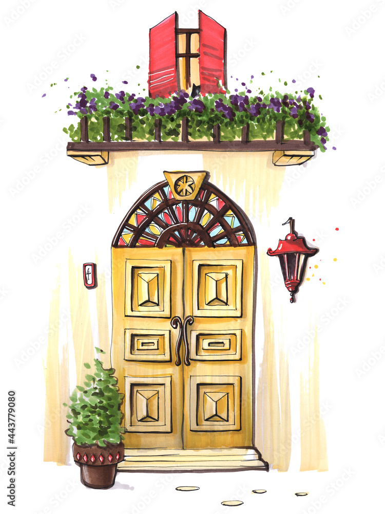 mediterranean streets exterior vintage bright yellow door with lantern and balcony with flowers sketch illustration
