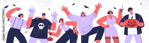 Halloween party banner with group of happy people celebrating holiday. Friend...