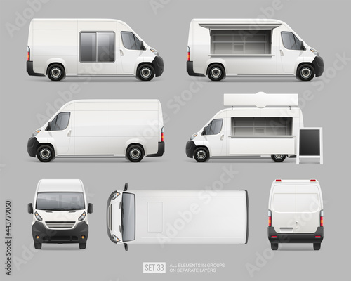 White Food Truck Van vector template for Brand Identity Mockup. Realistic Delivery Street coffee Van, Mini Bus isolated on grey background. Mobile cafe Van with street showcase, sign