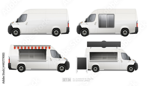 Vector set of street food truck with sign for mockup design. White Delivery Food Van Mini Bus isolated on white background. Service Van mockup with showcase isolated on white 
